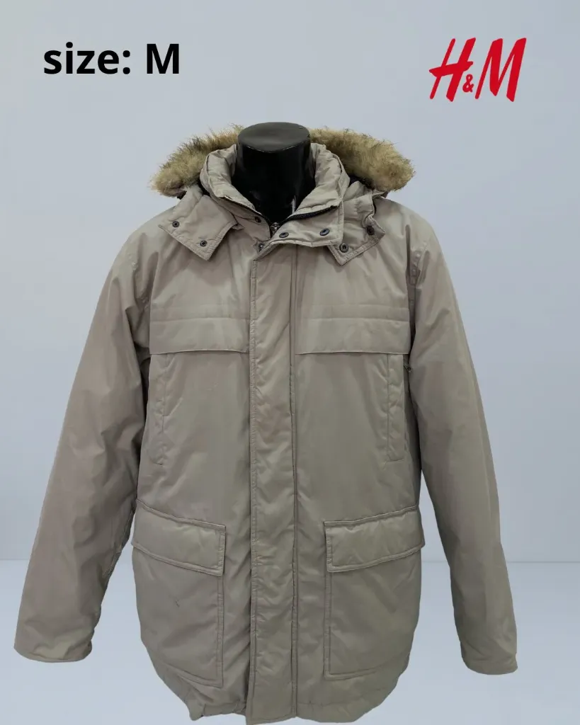 Share H&M L.O.G.G. Men's Medium Beige Winter Parka Jacket - Faux Fur Hood Warm Coat